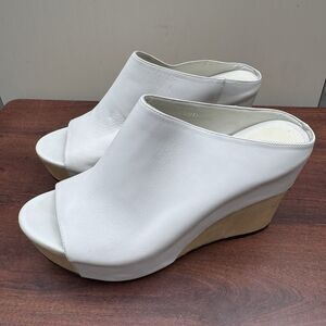 Elvio Zanon White Leather Peep Toe Wedge Slide Mules Wooden Heel EU 41 US 10